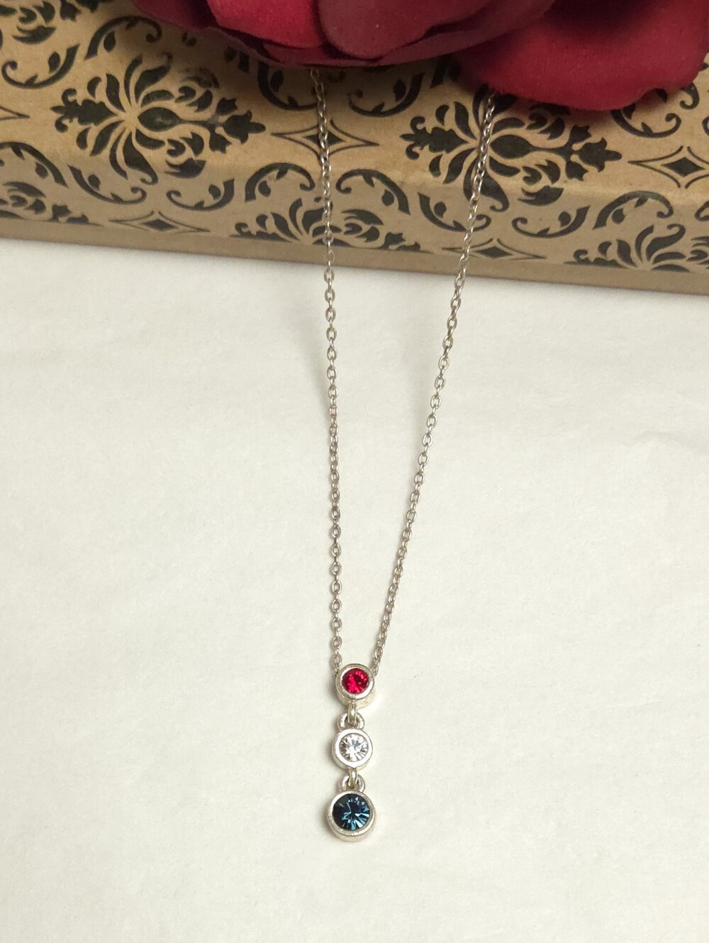 Tommy Hiliger Red White & Blue Crystal Dangle Pendant Necklace